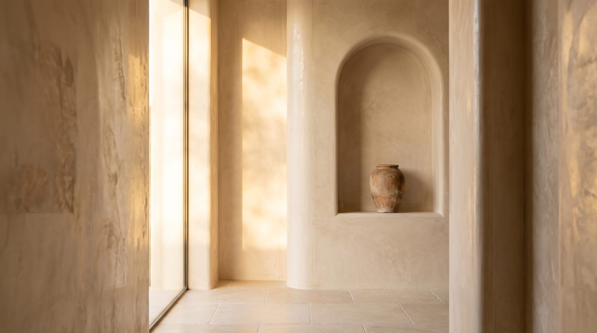 Warme Kalkputzfläche mit marmorierter Tiefe