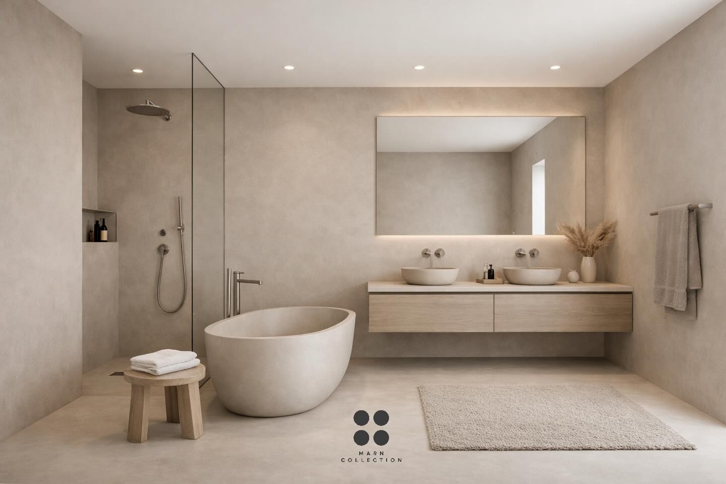 Fugenloses Bad mit freistehender Wanne, bodengleicher Dusche und durchgehender Wandfläche