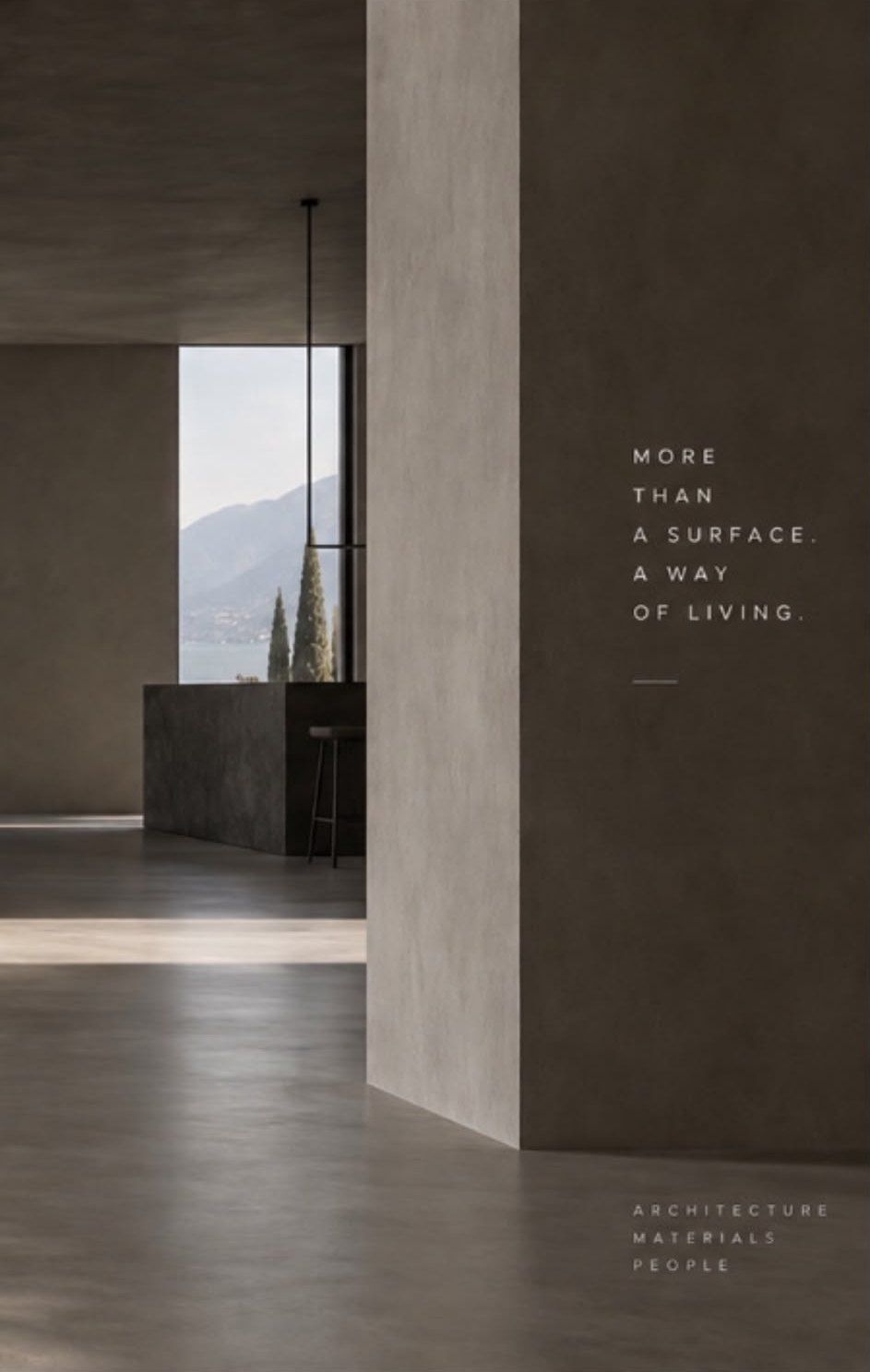 More than a surface. A way of living. — Architecture, Materials, People. Raum mit fugenloser Wand, dahinter Blick auf See und Berge.